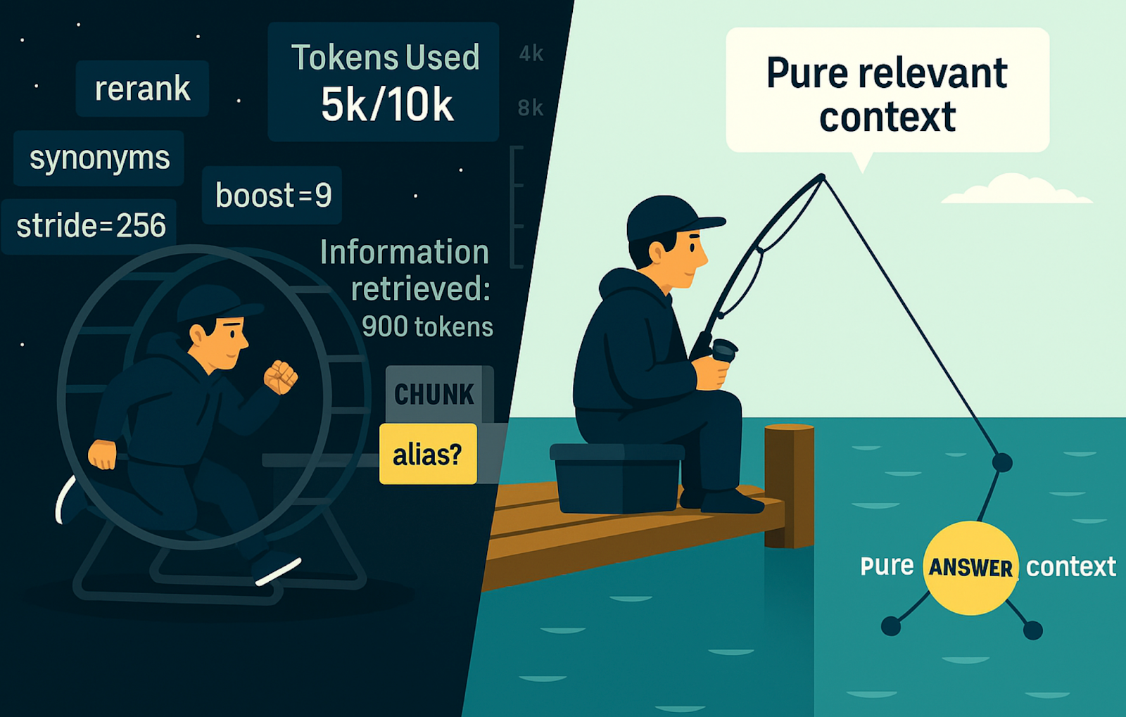 AI-generated image: analogy of fishing specifically for the right data vs. running on a hamster wheel looking for the right data